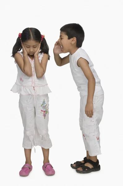 Девушка закрыла уши, пока ее брат кричал — стоковое фото