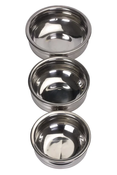 Close-up of three stainless steel cooking pots — Stock Photo, Image