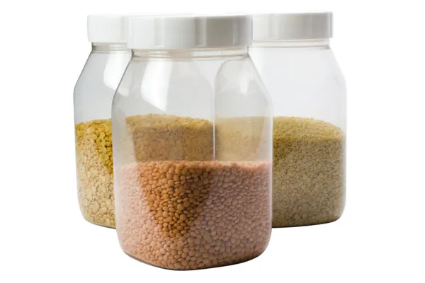 Mung with pigeon pea and lentil pulses in jars — Stock Photo, Image