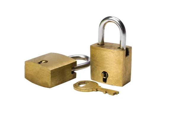 Close-up of two padlocks and a key — Stock Photo, Image