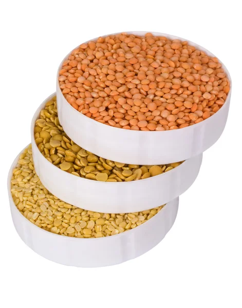 Close-up of a stack of assorted beans in containers — Stock Photo, Image