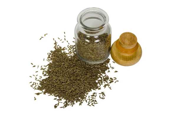Cumin seed spilling out from a container — Stock Photo, Image