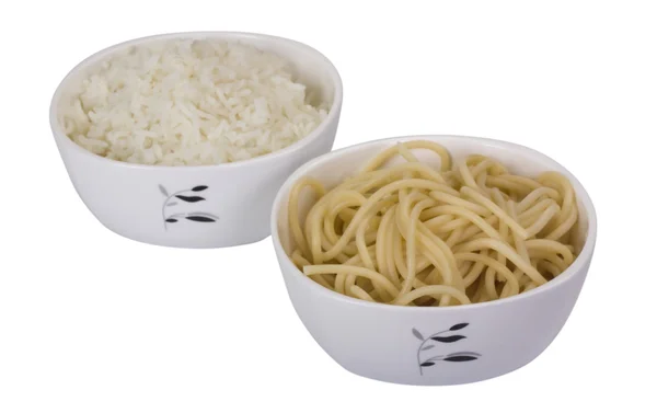 Close-up of two bowls of boiled rice and noodles — Stock Photo, Image