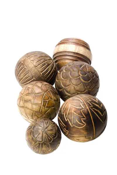Close-up van decoratieve houten ballen — Stockfoto