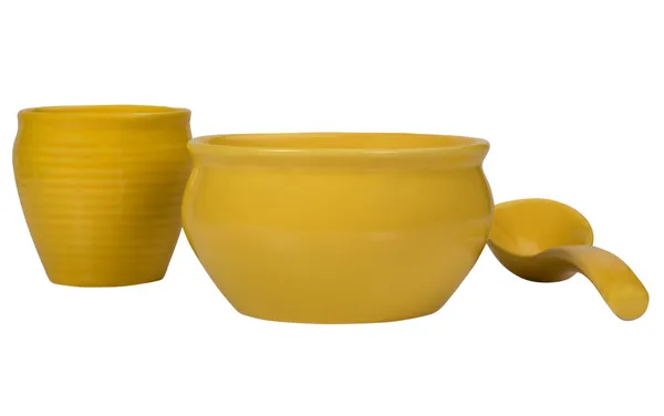 Close-up of ceramic bowls and a soup spoon — Stock Photo, Image