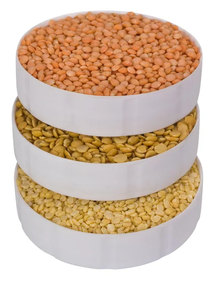 Hoge hoekmening van drie containers vol bonen — Stockfoto