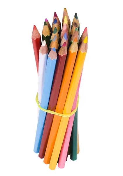 Bundle of colored pencils tied with an elastic band — Stock Photo, Image