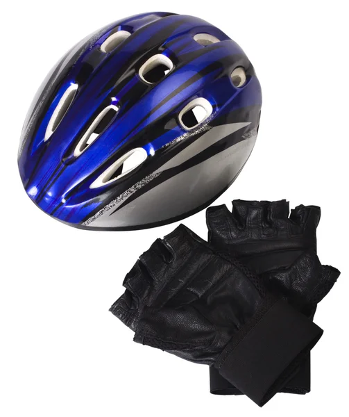 Close-up of a cycling helmet with cycling gloves — Stock Photo, Image