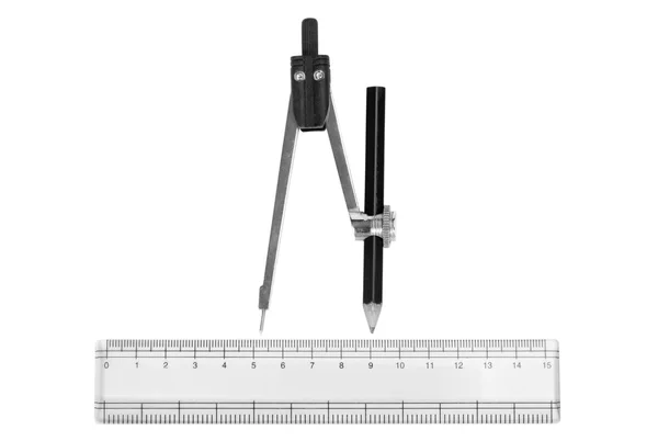 Close-up of a drawing compass with a pencil and a ruler — Stock Photo, Image