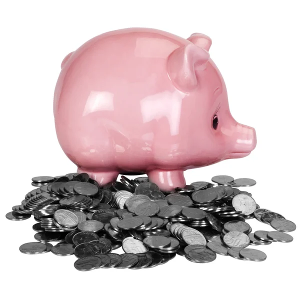 Piggy bank on a heap of coins — Stock Photo, Image