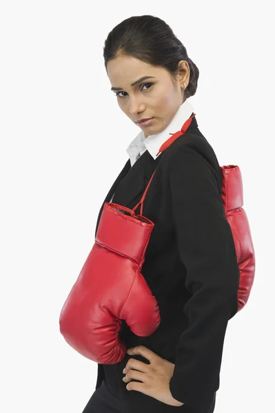 Businesswoman in boxing gloves — Stock Photo, Image