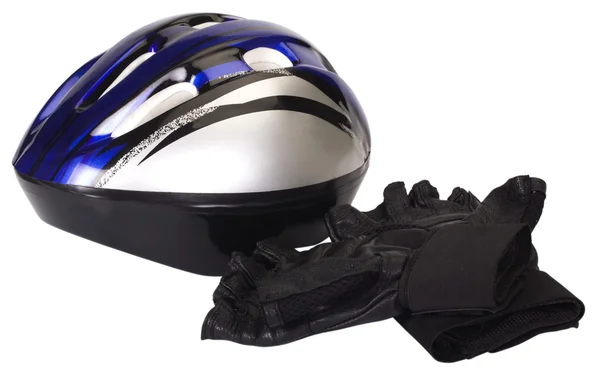 Close-up of a cycling helmet with cycling gloves — Stock Photo, Image