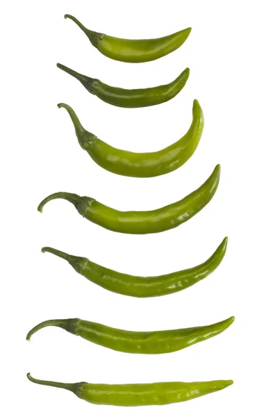 Close-up of green chili peppers arranged in a row Stock Image