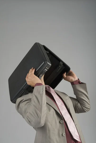 Businessman holding a briefcase over his head Stock Picture