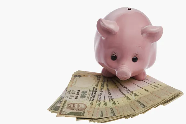 Piggy bank on Indian currency notes — Stock Photo, Image