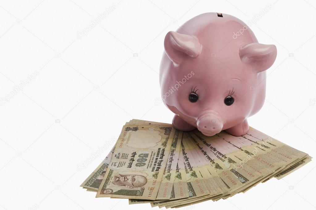 Piggy bank on Indian currency notes