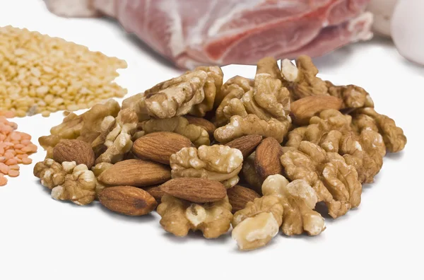 Dry fruits with pulses and meat — Stock Photo, Image