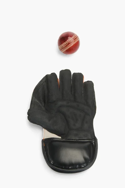Сricket ball and a wicket keeping glove — Stock Photo, Image