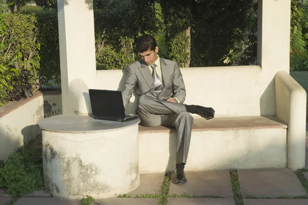 Homme d'affaires utilisant un ordinateur portable dans un parc — Photo