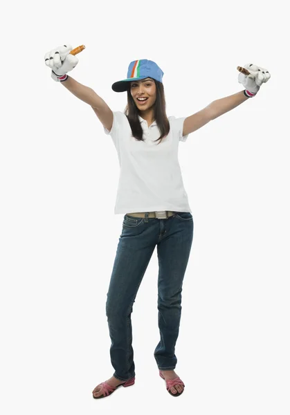 Female cricket fan cheering — Stock Photo, Image