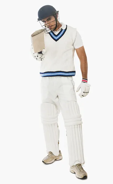 Cricket-Schlagmann zeigt seinen Schläger — Stockfoto