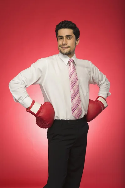 Affärsman bära boxningshandskar och står med armarna akimbo — Stockfoto