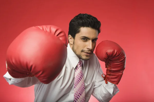 Businessman wearing boxing gloves — Stock Photo, Image