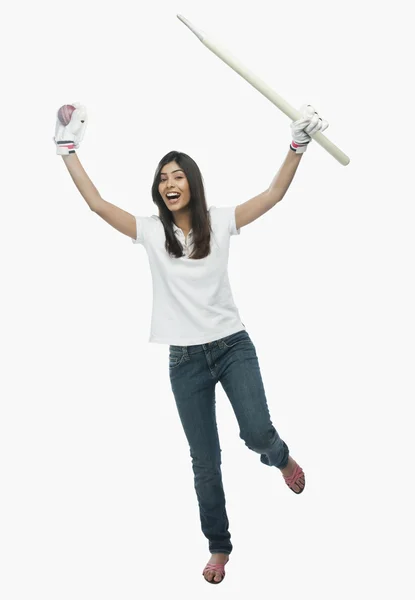 Female cricket fan cheering — Stock Photo, Image