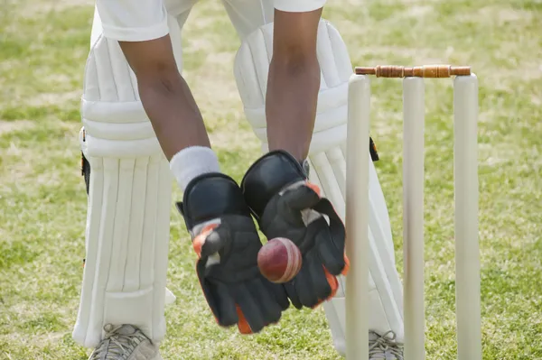 Cricket wicketkeeper coger una pelota — Foto de Stock