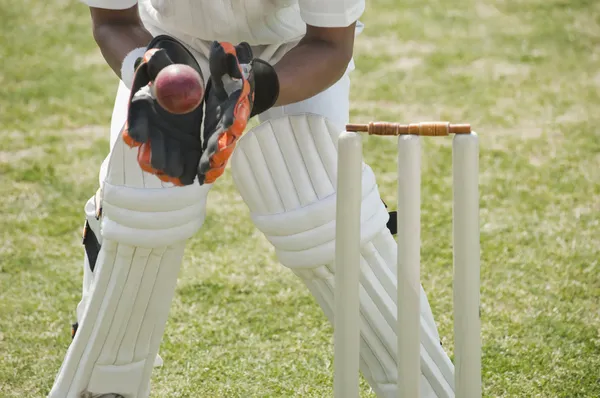 Kriket Kaleci topu yakalamak — Stok fotoğraf