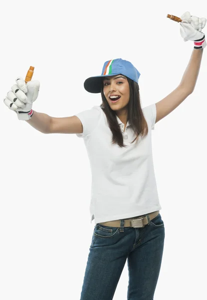 Female cricket fan cheering — Stock Photo, Image