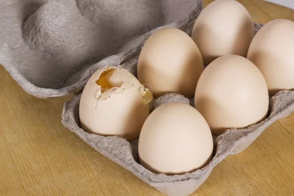 Broken egg in a carton with other eggs — Stock Photo, Image