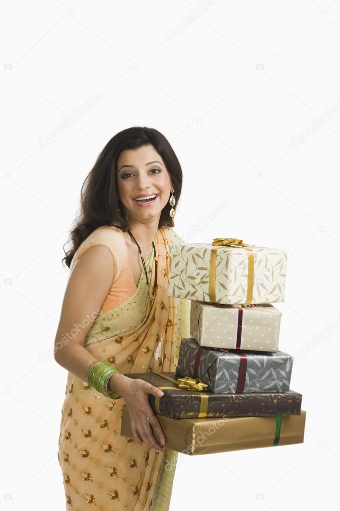 Woman holding Diwali presents