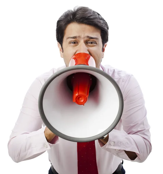 Empresário gritando em um megafone — Fotografia de Stock