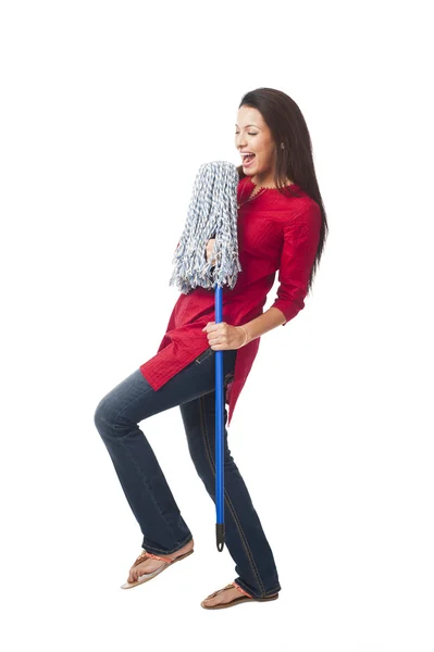 Woman enjoying with a mop — Stock Photo, Image