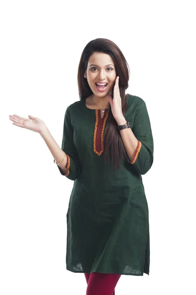 Happy woman gesturing — Stock Photo, Image