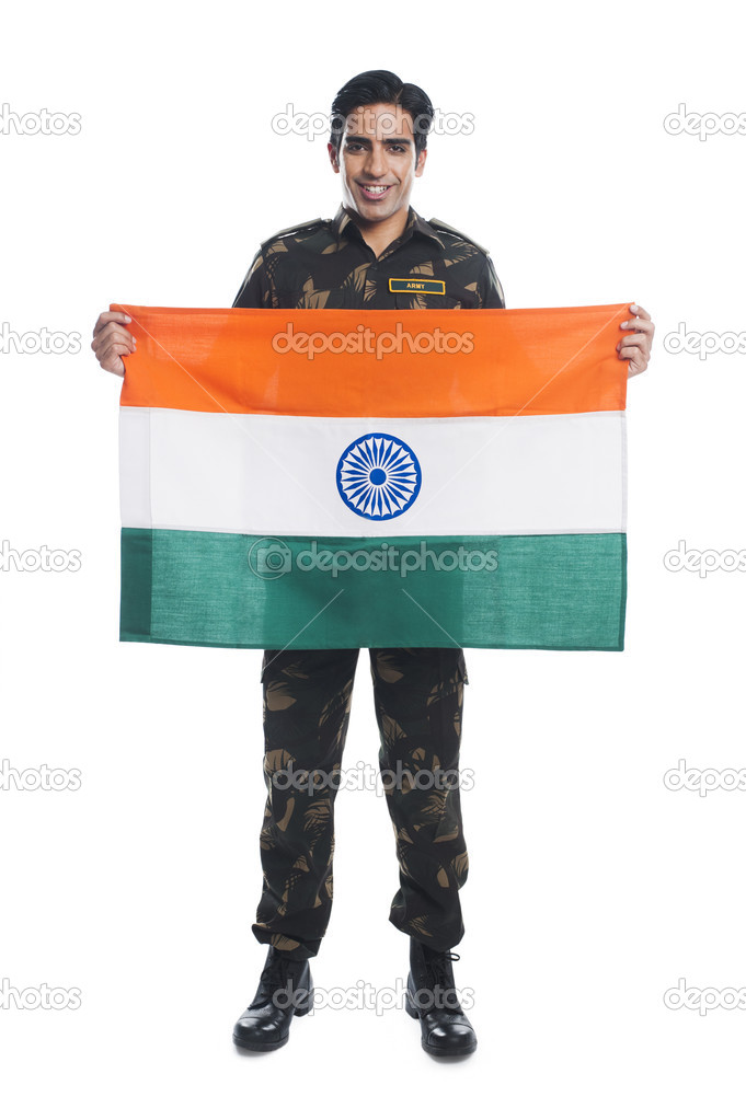 Army soldier holding Indian flag
