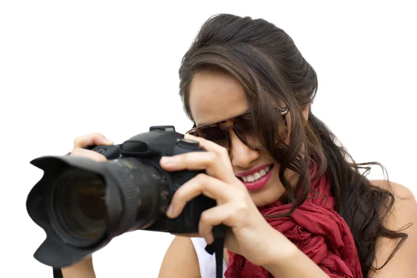 Female photographer taking a picture with camera — Stock Photo, Image