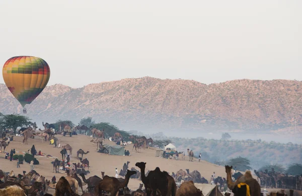 Hot air balloon over Pushkar Camel Fair ground — Stock Photo, Image