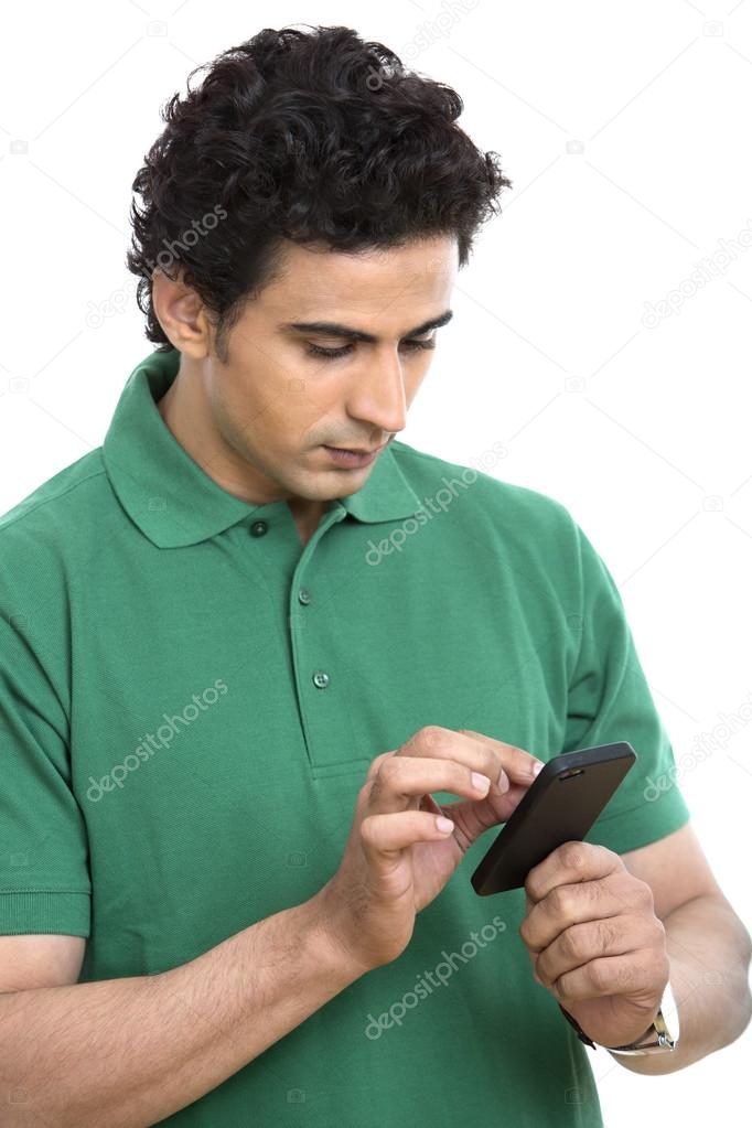 Man using a touch screen mobile phone