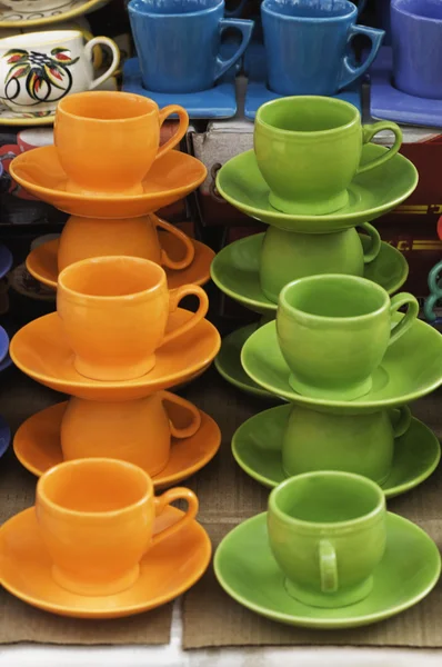 Display of tea cups with saucers — Stock Photo, Image
