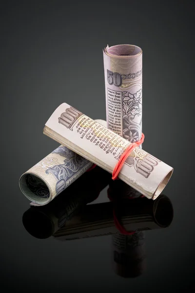 Close-up of rolled-up Indian paper currency — Stock Photo, Image