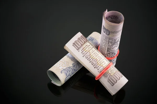 Close-up of rolled-up Indian paper currency — Stock Photo, Image