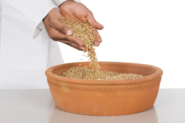 Human hand pouring wheat in a clay pot — Stock Photo, Image