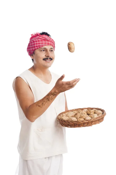 Bonde gungade en potatis från korgen — Stockfoto