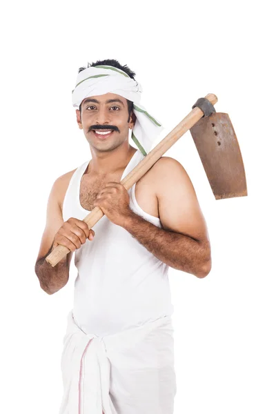 Portrait of a farmer carrying spade on his shoulders — Stock Photo, Image