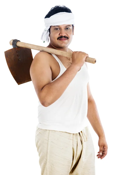 Portrait of a farmer carrying spade on his shoulders — Stock Photo, Image