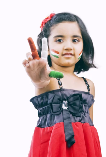 Portrait of a girl showing tricolor on her fingers — Stock Photo, Image