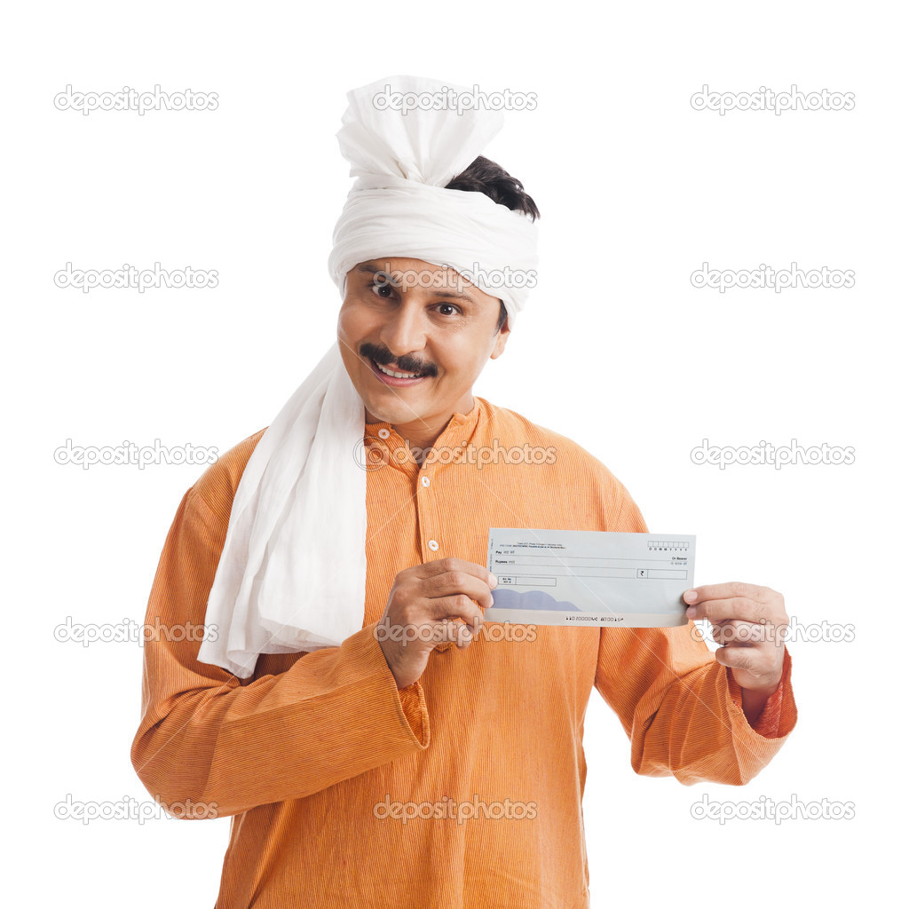 Portrait of a man showing a bank cheque and smiling