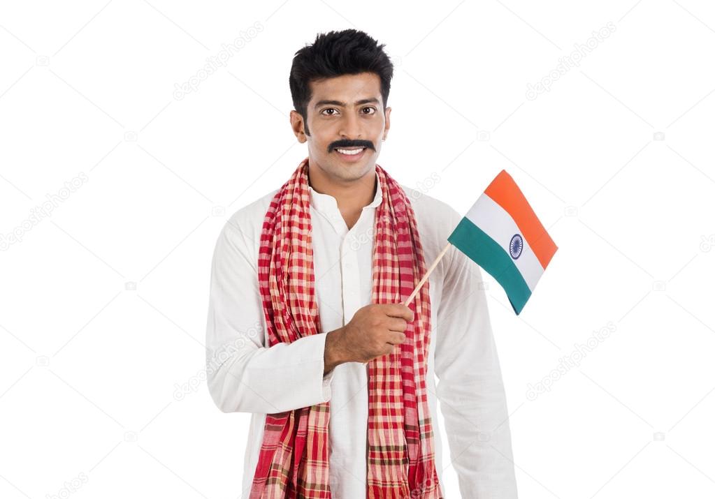 Portrait of a man holding national flag of India